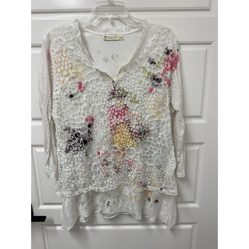 Impulse California Women White Burnout Lace Graphic Overlay Blouse Top Medium